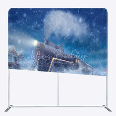 Lofaris Tension Fabric Backdrop Christmas Steam Train Winter Snow North Pole Magical Railway Background