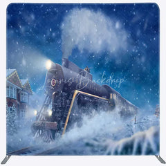 Lofaris Tension Fabric Backdrop Christmas Steam Train Winter Snow North Pole Magical Railway Background