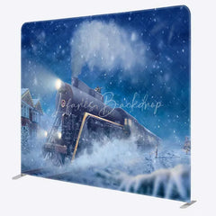 Lofaris Tension Fabric Backdrop Christmas Steam Train Winter Snow North Pole Magical Railway Background
