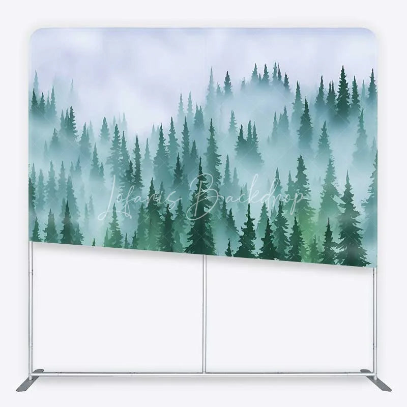 Lofaris Tension Fabric Backdrop Misty Green Pine Forest Foggy Woodland Tree Pillowcase Background Nature Camping Decor