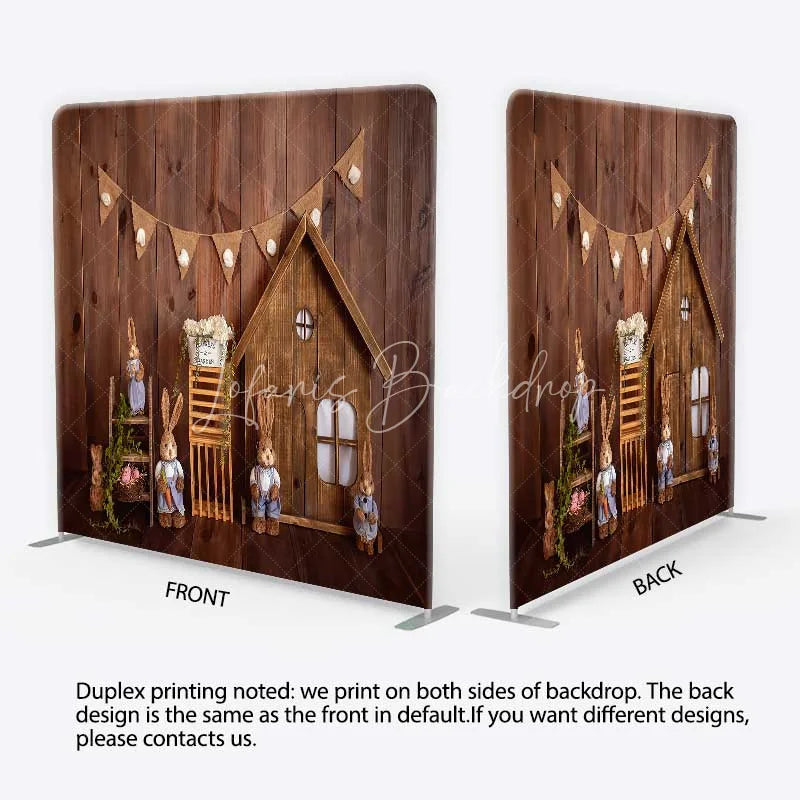 Lofaris Tension Fabric Backdrop Rustic Wood Easter Bunny Spring Wooden House Rabbit Pillowcase Background Kids Party Decor