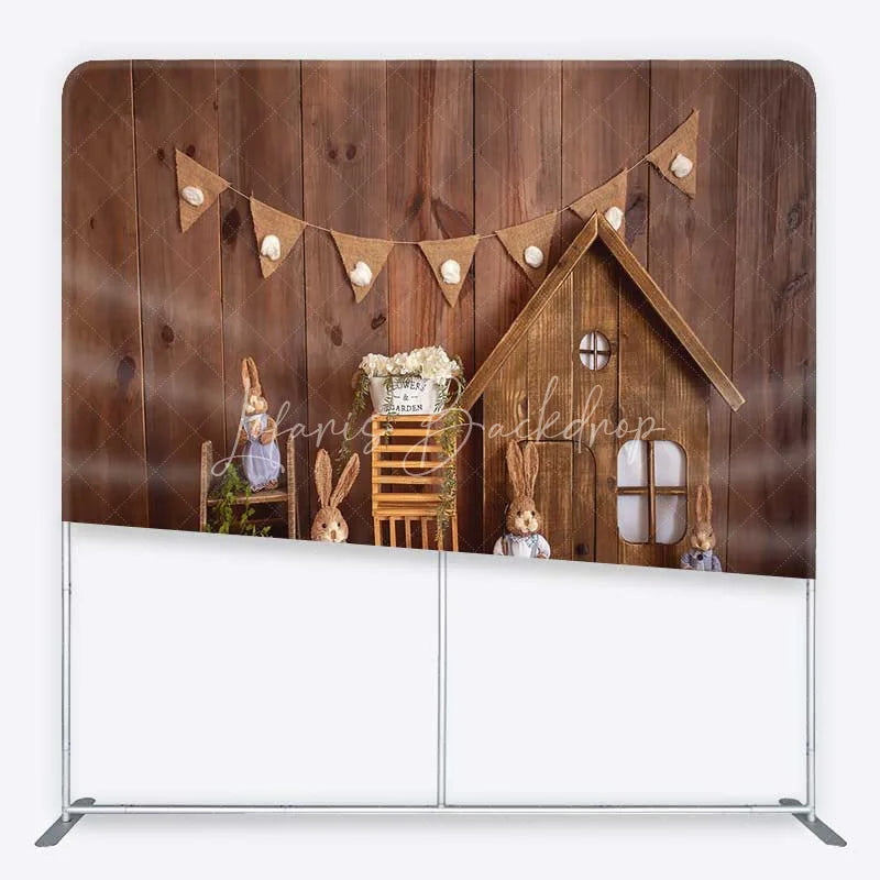 Lofaris Tension Fabric Backdrop Rustic Wood Easter Bunny Spring Wooden House Rabbit Pillowcase Background Kids Party Decor