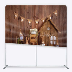 Lofaris Tension Fabric Backdrop Rustic Wood Easter Bunny Spring Wooden House Rabbit Pillowcase Background Kids Party Decor