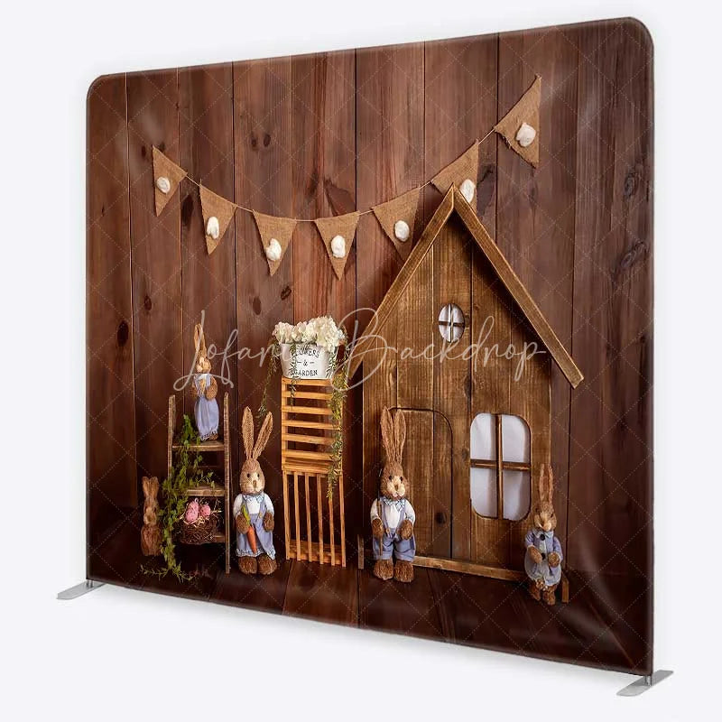 Lofaris Tension Fabric Backdrop Rustic Wood Easter Bunny Spring Wooden House Rabbit Pillowcase Background Kids Party Decor