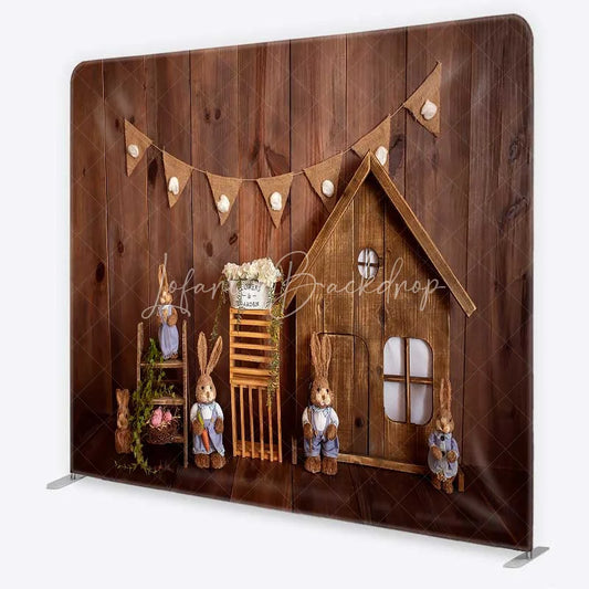 Lofaris Tension Fabric Backdrop Rustic Wood Easter Bunny Spring Wooden House Rabbit Pillowcase Background Kids Party Decor