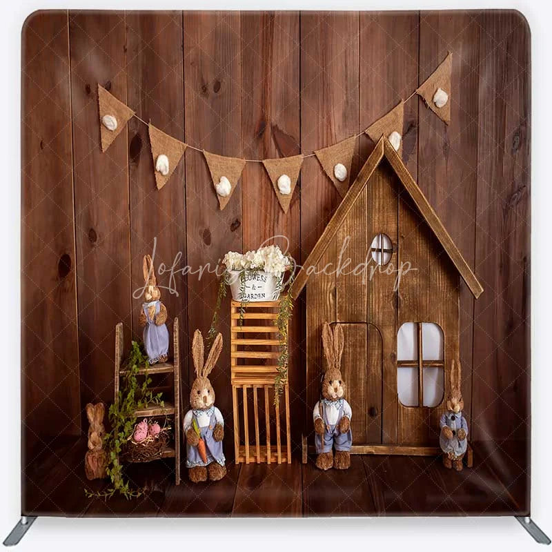 Lofaris Tension Fabric Backdrop Rustic Wood Easter Bunny Spring Wooden House Rabbit Pillowcase Background Kids Party Decor