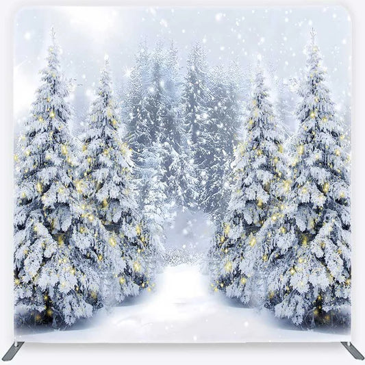 Lofaris Tension Fabric Backdrop Snowy Pine Forest Path Christmas Light Photo Prop