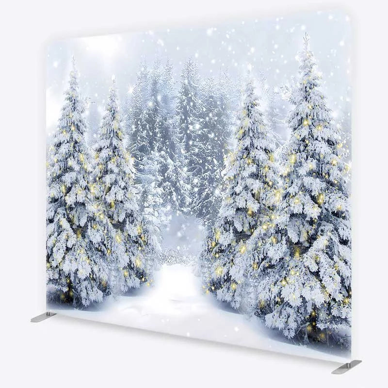 Lofaris Tension Fabric Backdrop Snowy Pine Forest Path Christmas Light Photo Prop