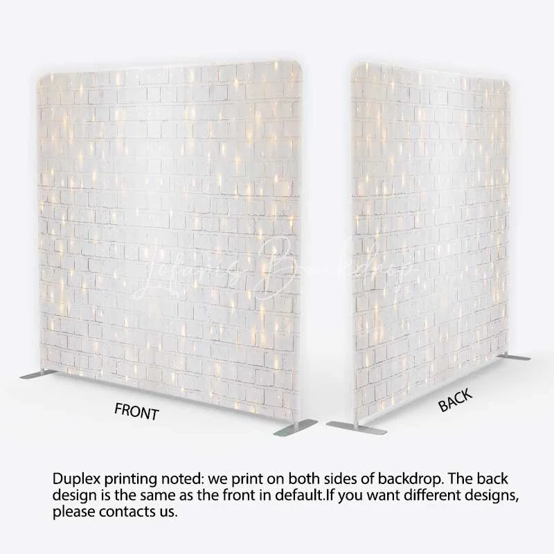 Lofaris Tension Fabric Backdrop White Brick Wall String Lights Rustic Texture Fairy Light Pillowcase Background Wedding Party Decor