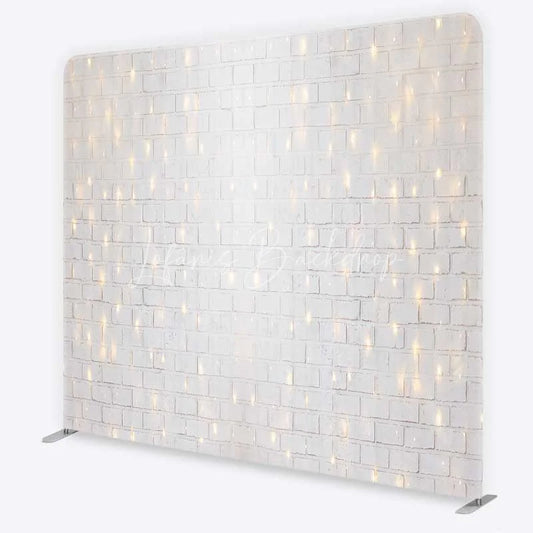 Lofaris Tension Fabric Backdrop White Brick Wall String Lights Rustic Texture Fairy Light Pillowcase Background Wedding Party Decor
