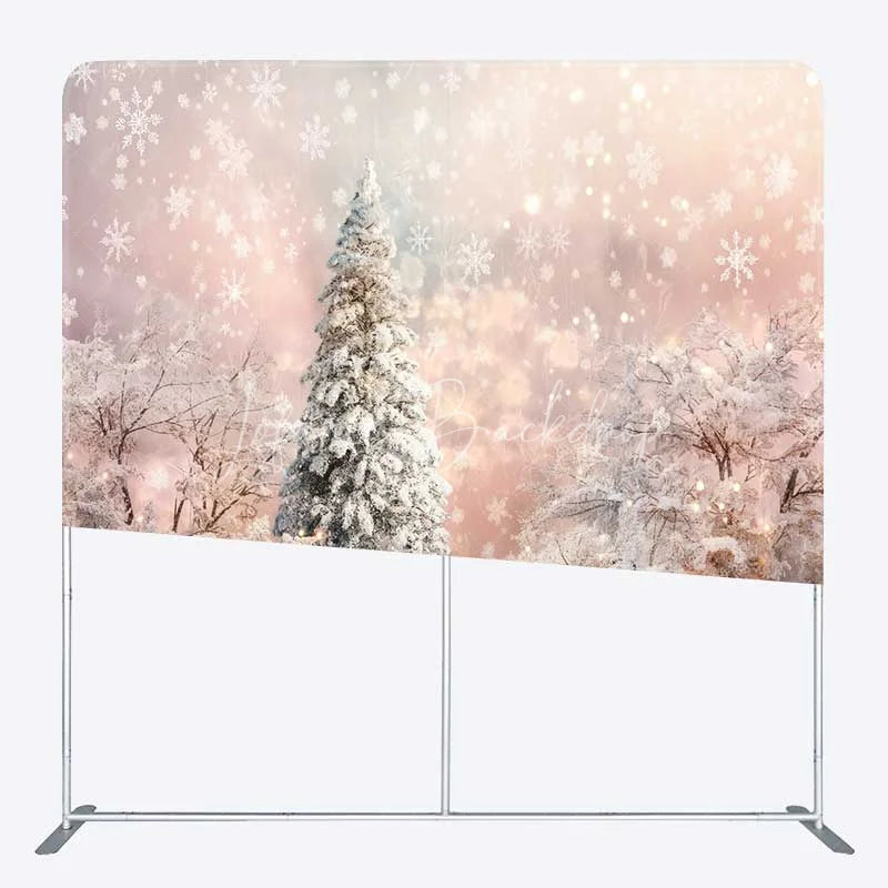 Lofaris Tension Fabric Backdrop Winter Pink Snowy Forest Christmas White Tree Snowflake Photography Background