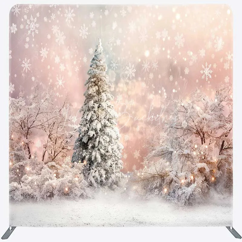 Lofaris Tension Fabric Backdrop Winter Pink Snowy Forest Christmas White Tree Snowflake Photography Background