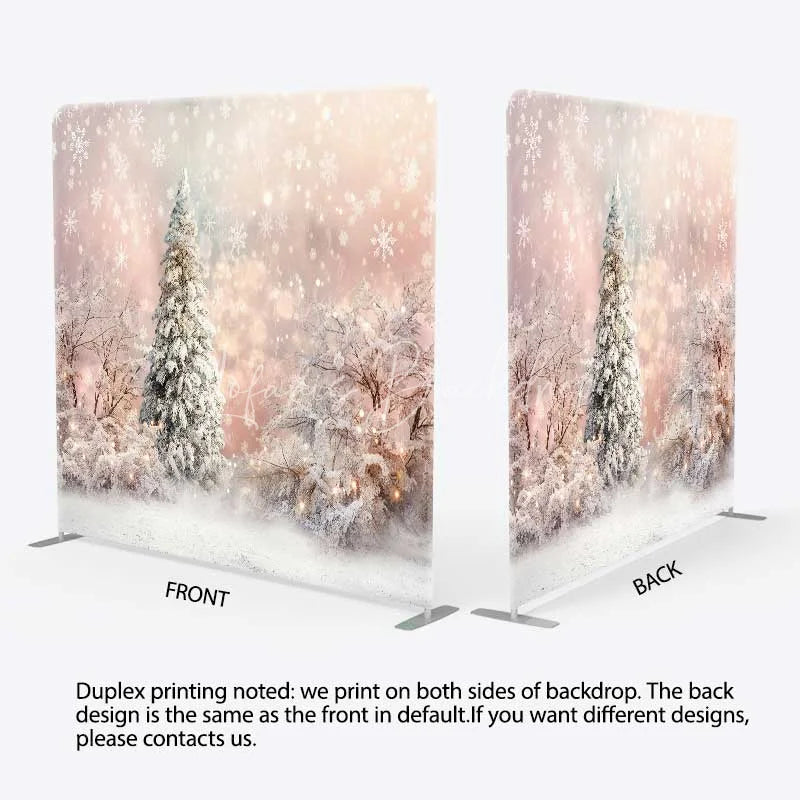 Lofaris Tension Fabric Backdrop Winter Pink Snowy Forest Christmas White Tree Snowflake Photography Background