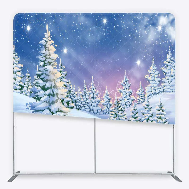 Lofaris Tension Fabric Backdrop Winter Snowy Pine Forest Blue Sky White Snow Tree Pillowcase Background Christmas Party Decor