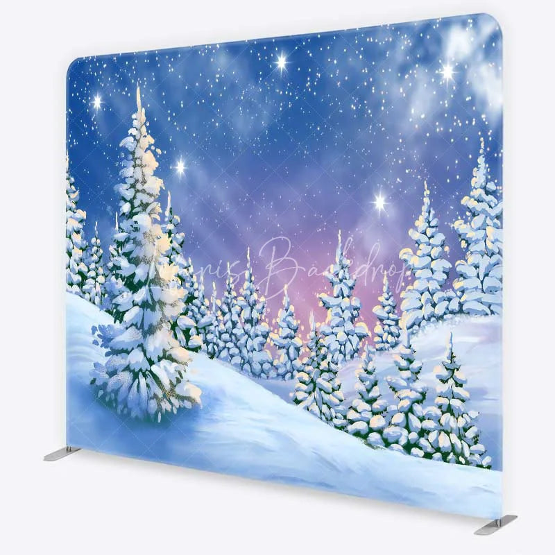 Lofaris Tension Fabric Backdrop Winter Snowy Pine Forest Blue Sky White Snow Tree Pillowcase Background Christmas Party Decor