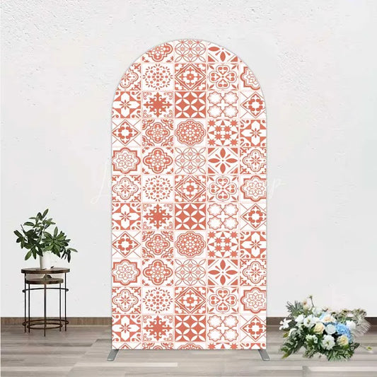 Lofaris Terracotta and White Moroccan Tile Pattern Arch Backdrop Rustic Boho Wedding Party Decor