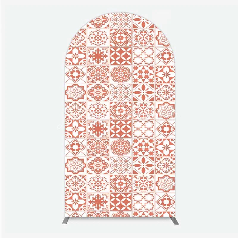 Lofaris Terracotta and White Moroccan Tile Pattern Arch Backdrop Rustic Boho Wedding Party Decor