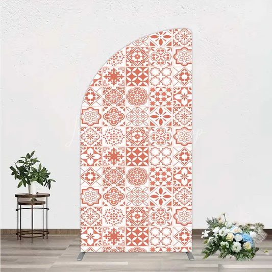 Lofaris Terracotta and White Moroccan Tile Pattern Half Moon Arch Backdrop Rustic Boho Wedding Party Decor