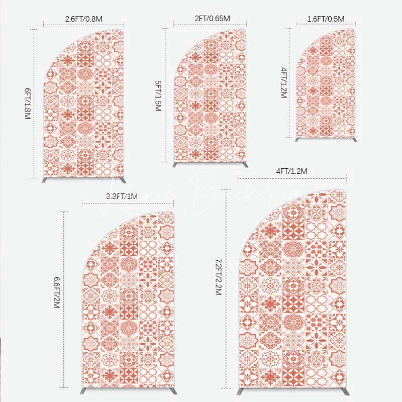 Lofaris Terracotta and White Moroccan Tile Pattern Half Moon Arch Backdrop Rustic Boho Wedding Party Decor