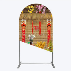Lofaris Tet Lunar New Year Holiday Arch Backdrop Vietnamese Traditional Spring Flowers and Lion Dance Background