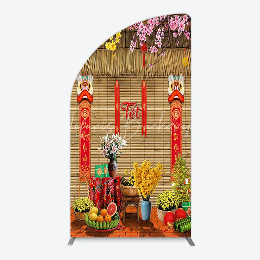 Lofaris Tet Lunar New Year Holiday Half Moon Arch Backdrop Vietnamese Traditional Spring Flowers and Lion Dance Background