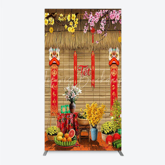 Lofaris Tet Lunar New Year Holiday Rectangle Backdrop Vietnamese Traditional Spring Flowers and Lion Dance Background