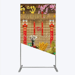 Lofaris Tet Lunar New Year Holiday Rectangle Backdrop Vietnamese Traditional Spring Flowers and Lion Dance Background