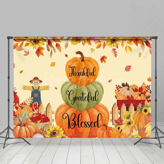 Lofaris Thankful Grateful Blessed Backdrop Fall Pumpkin Scarecrow Background for Thanksgiving Autumn Harvest Party Decoration