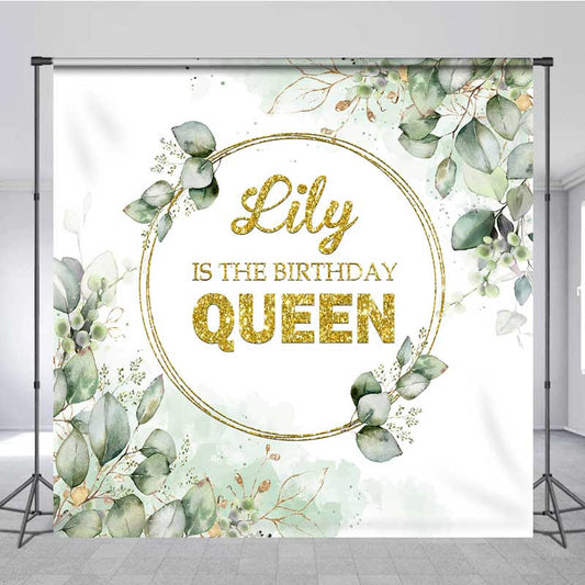 Lofaris The Birthday Queen Custom Backdrop Gold Glitter and Greenery Wreath Elegant Eucalyptus Leaves Party Decor