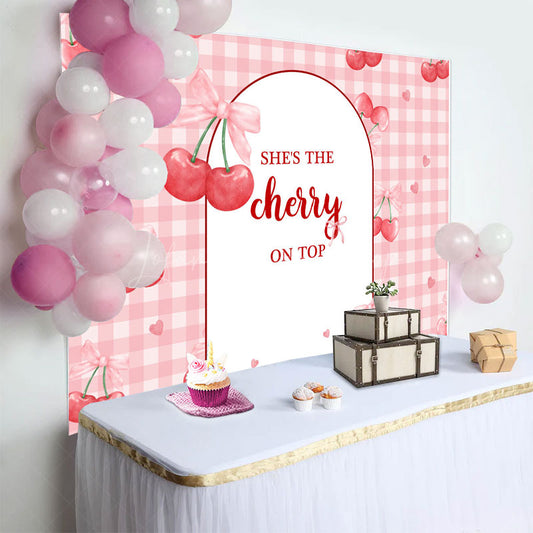Lofaris The Cherry On Top Pink Plaid Baby Shower Backdrop