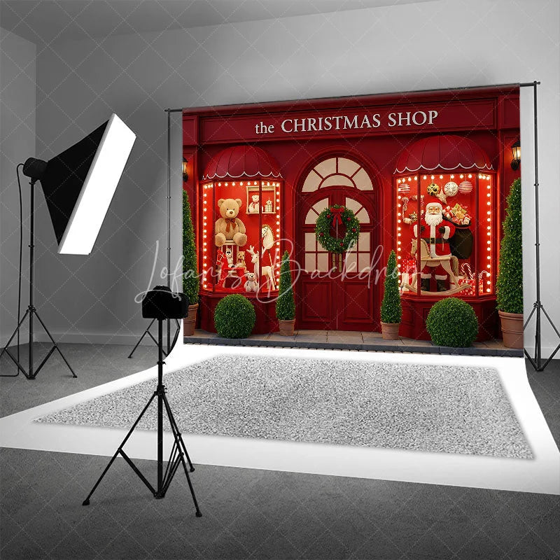 Lofaris The Christmas Shop Backdrop Red Storefront Window Display Santa and Teddy Bear Holiday Photography Props