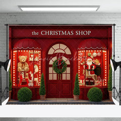 Lofaris The Christmas Shop Backdrop Red Storefront Window Display Santa and Teddy Bear Holiday Photography Props