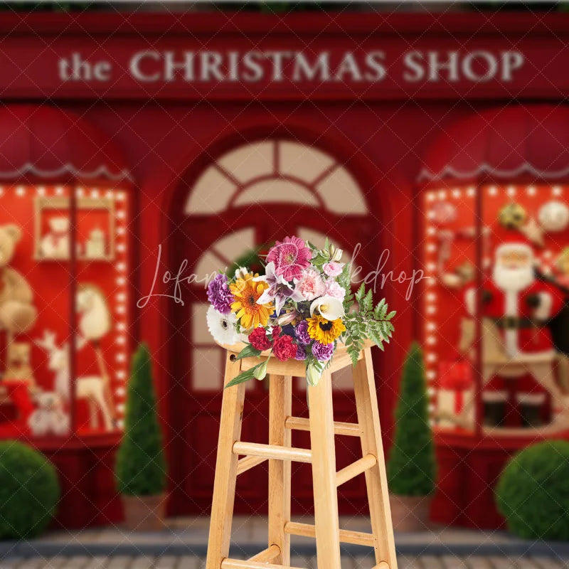 Lofaris The Christmas Shop Backdrop Red Storefront Window Display Santa and Teddy Bear Holiday Photography Props