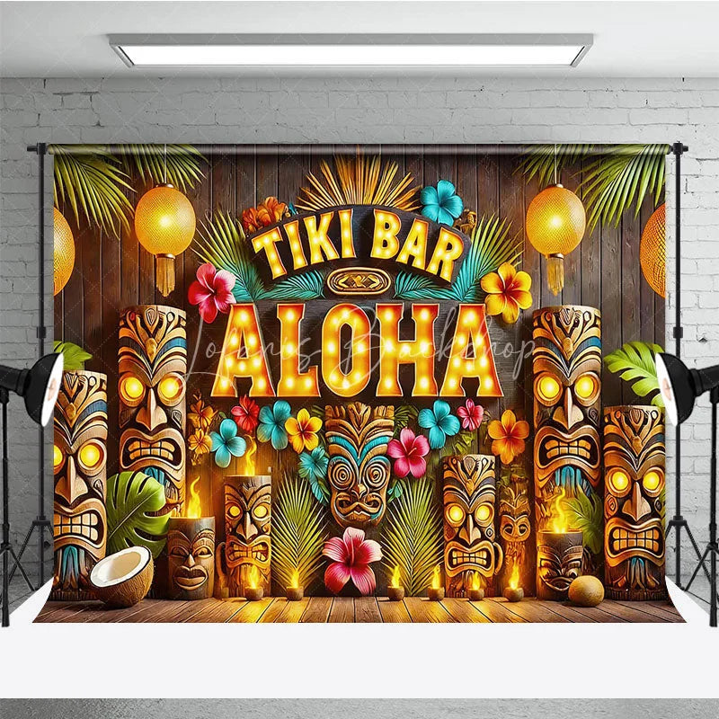 Lofaris Tiki Bar Aloha Tropical Holiday Backdrop Summer Beach Party Decor with Glowing Lanterns and Wooden Totems