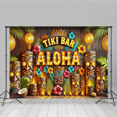 Lofaris Tiki Bar Aloha Tropical Holiday Backdrop Summer Beach Party Decor with Glowing Lanterns and Wooden Totems