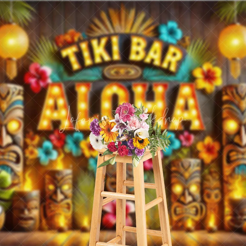 Lofaris Tiki Bar Aloha Tropical Holiday Backdrop Summer Beach Party Decor with Glowing Lanterns and Wooden Totems