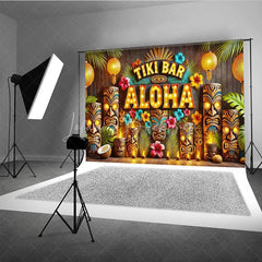 Lofaris Tiki Bar Aloha Tropical Holiday Backdrop Summer Beach Party Decor with Glowing Lanterns and Wooden Totems
