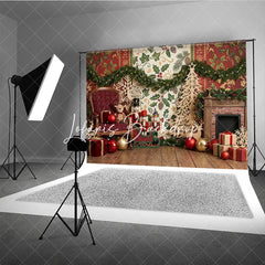 Lofaris Traditional Christmas Fireplace Nutcracker Photography Backdrop with Festive Gifts and Holiday Garland Decor