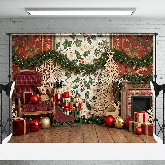 Lofaris Traditional Christmas Fireplace Nutcracker Photography Backdrop with Festive Gifts and Holiday Garland Decor