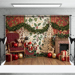 Lofaris Traditional Christmas Fireplace Nutcracker Photography Backdrop with Festive Gifts and Holiday Garland Decor