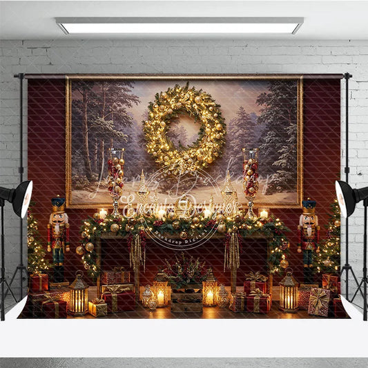 Lofaris Traditional Christmas Photography Backdrop Red Wall with Nutcrackers and Wreath Holiday Mini Session Background