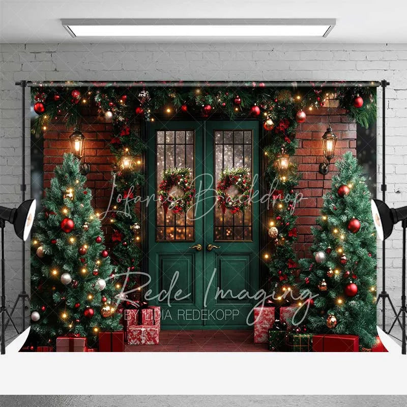 Lofaris Traditional Christmas Porch Backdrop Green Double Door Red Brick Wall Wreath Lights Photo Background