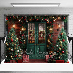 Lofaris Traditional Christmas Porch Backdrop Green Double Door Red Brick Wall Wreath Lights Photo Background