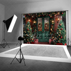 Lofaris Traditional Christmas Porch Backdrop Green Double Door Red Brick Wall Wreath Lights Photo Background