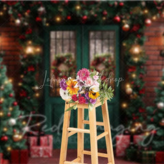 Lofaris Traditional Christmas Porch Backdrop Green Double Door Red Brick Wall Wreath Lights Photo Background
