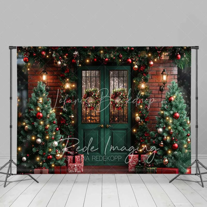 Lofaris Traditional Christmas Porch Backdrop Green Double Door Red Brick Wall Wreath Lights Photo Background