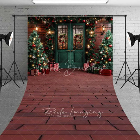 Lofaris Traditional Christmas Porch Sweep Backdrop Green Double Door Red Brick Wall Trees Floor Photo Background