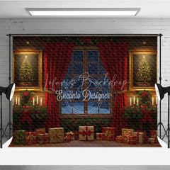 Lofaris Traditional Christmas Window Photography Backdrop Red Curtains and Snowy View Cozy Holiday Room Scene with Presents