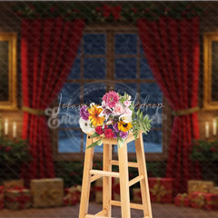 Lofaris Traditional Christmas Window Photography Backdrop Red Curtains and Snowy View Cozy Holiday Room Scene with Presents