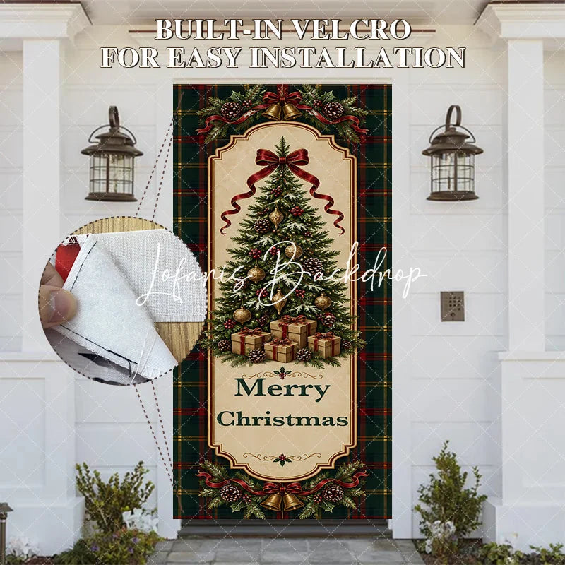 Lofaris Traditional Green Red Plaid Christmas Tree Door Cover with Golden Bells and Ribbons Merry Holiday Decor